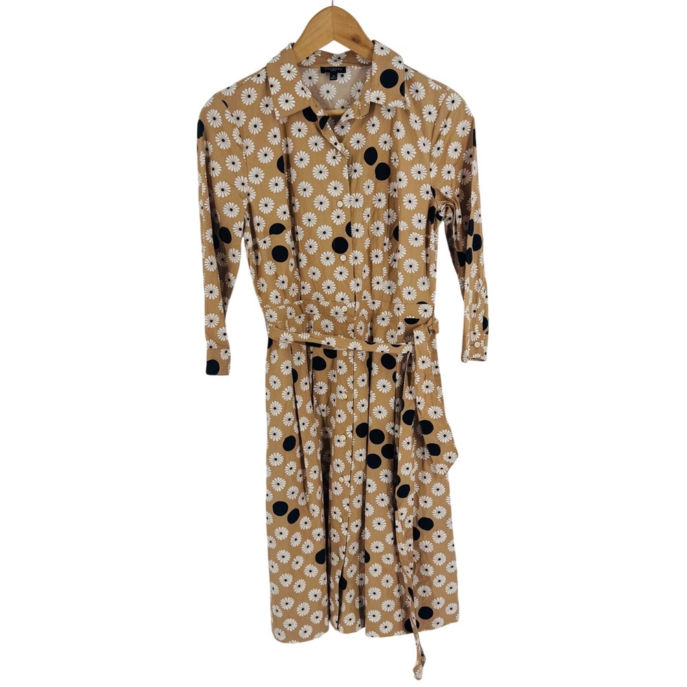 Talbots Daisy Polka‎ Dot Midi Dress Tan Floral Shirt Dress Size 2P Mod Whimsical
